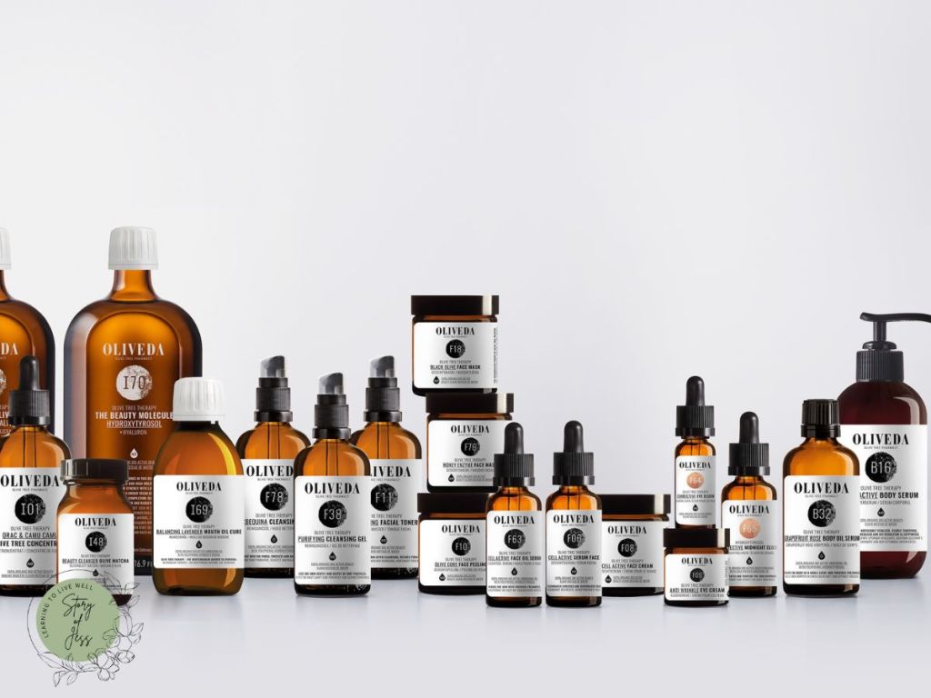 Layout of Oliveda's waterless, bioactive beauty products.